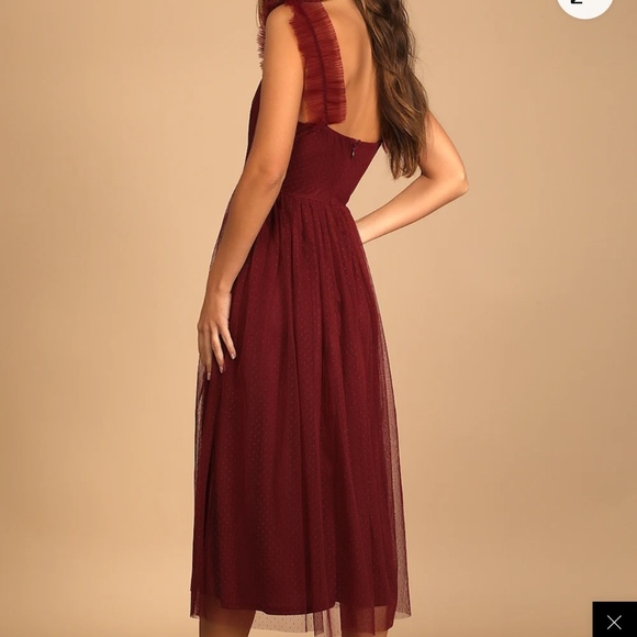 Lulus Divine Invitation Burgundy Tulle Swiss Dot Ruffled Midi Dress Red - Size S - Picture 2 of 3